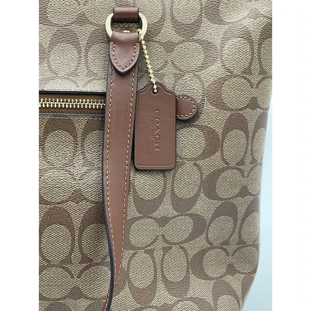 Coach Signature Zip Top Tote Bag Brown Khaki Canvas Leather Shoulder Purse